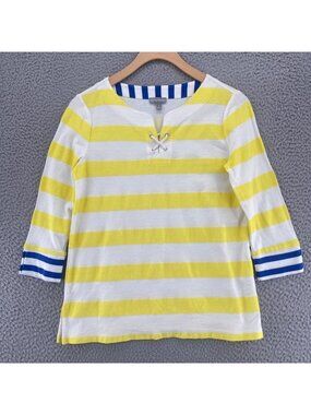 Talbots Top Womens Petites T Yellow Multi Striped Knit 3/4 Sleeve Lace Up Cotton